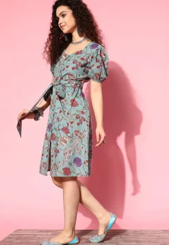 Printed Pure Cotton Short Dress with Belt in Grey
