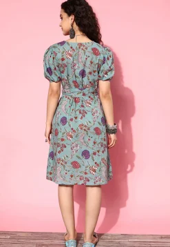 Printed Pure Cotton Short Dress with Belt in Grey