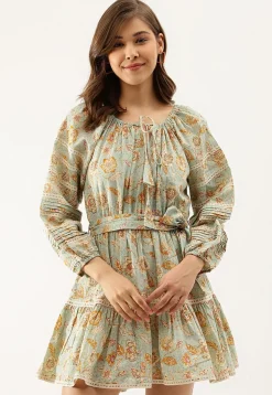 Printed Pure Cotton Short Dress in Dusty Blue