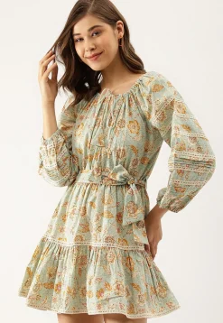 Printed Pure Cotton Short Dress in Dusty Blue