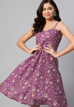 Printed Pure Cotton Short Dress in Purple