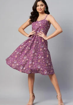 Printed Pure Cotton Short Dress in Purple