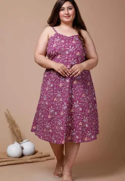 Printed Pure Cotton Short Dress in Purple