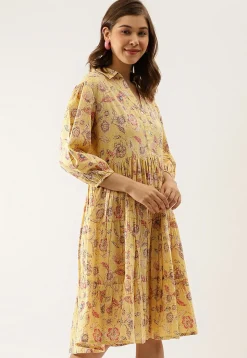 Printed Pure Cotton Short Dress in Light Yellow
