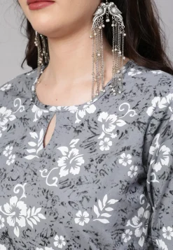 Printed Pure Cotton Straight Kurta in Grey