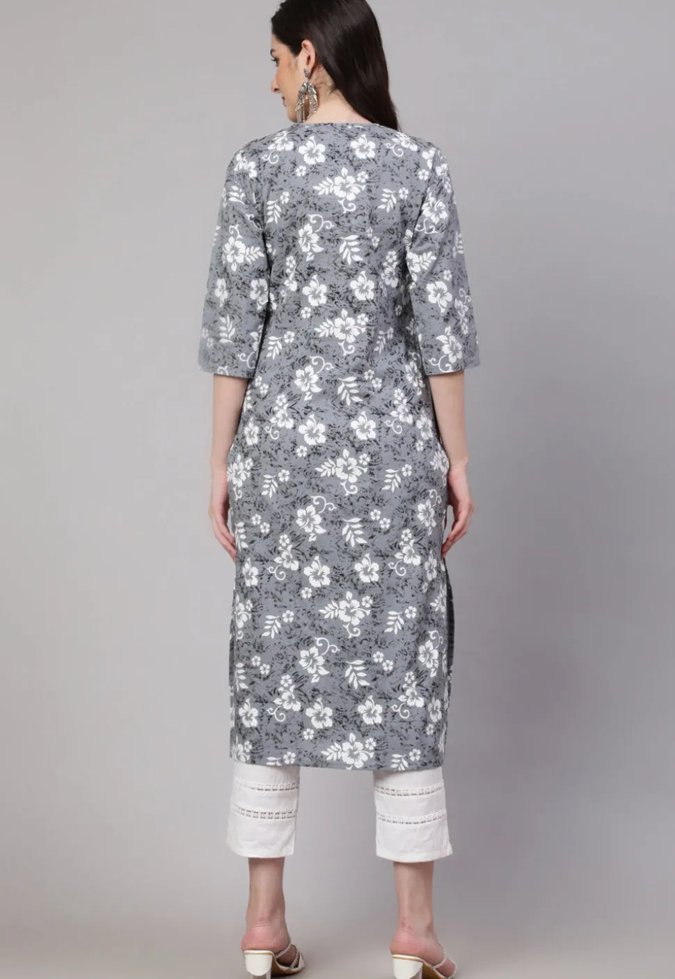 Printed Pure Cotton Straight Kurta in Grey