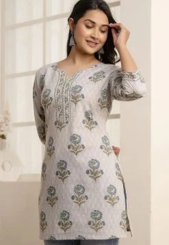 Printed Pure Cotton Straight Kurti in Light Fawn