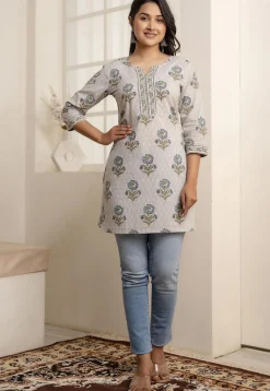 Printed Pure Cotton Straight Kurti in Light Fawn