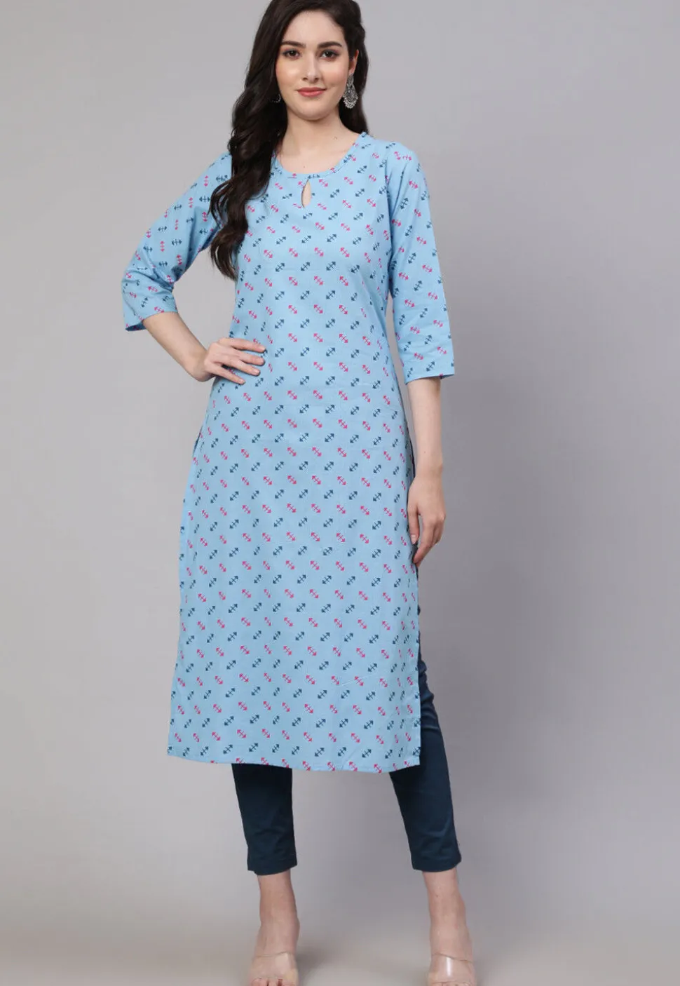 Printed Pure Cotton Straight Kurta in Light Blue