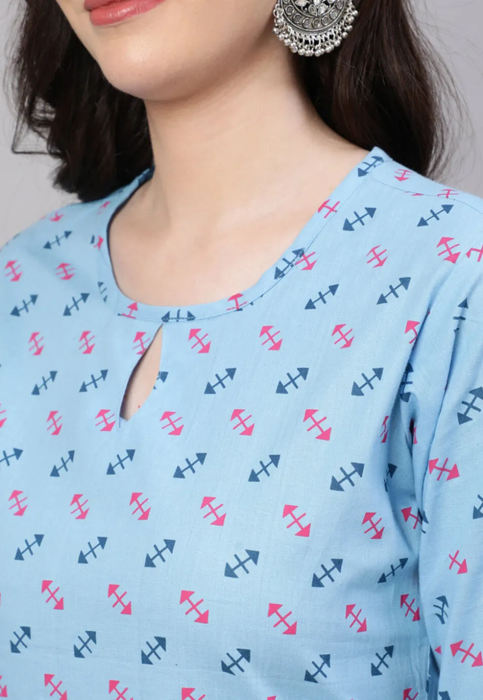 Printed Pure Cotton Straight Kurta in Light Blue