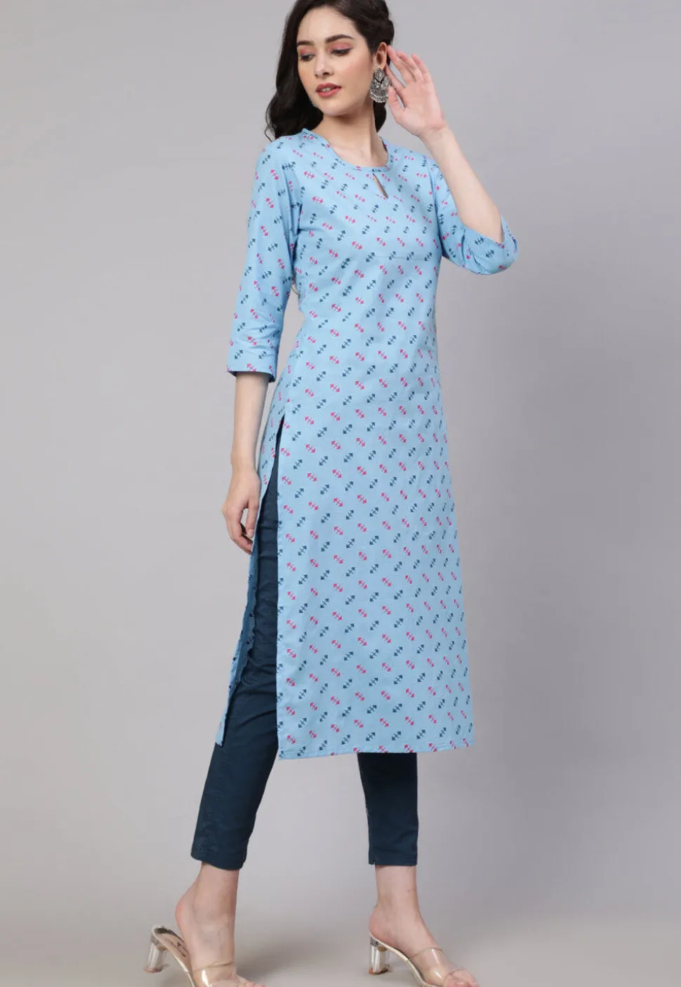 Printed Pure Cotton Straight Kurta in Light Blue