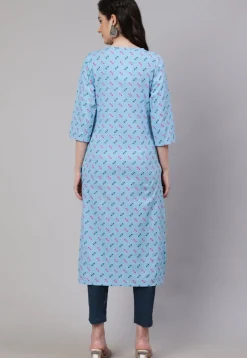 Printed Pure Cotton Straight Kurta in Light Blue