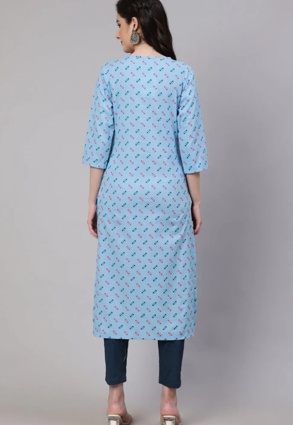 Printed Pure Cotton Straight Kurta in Light Blue
