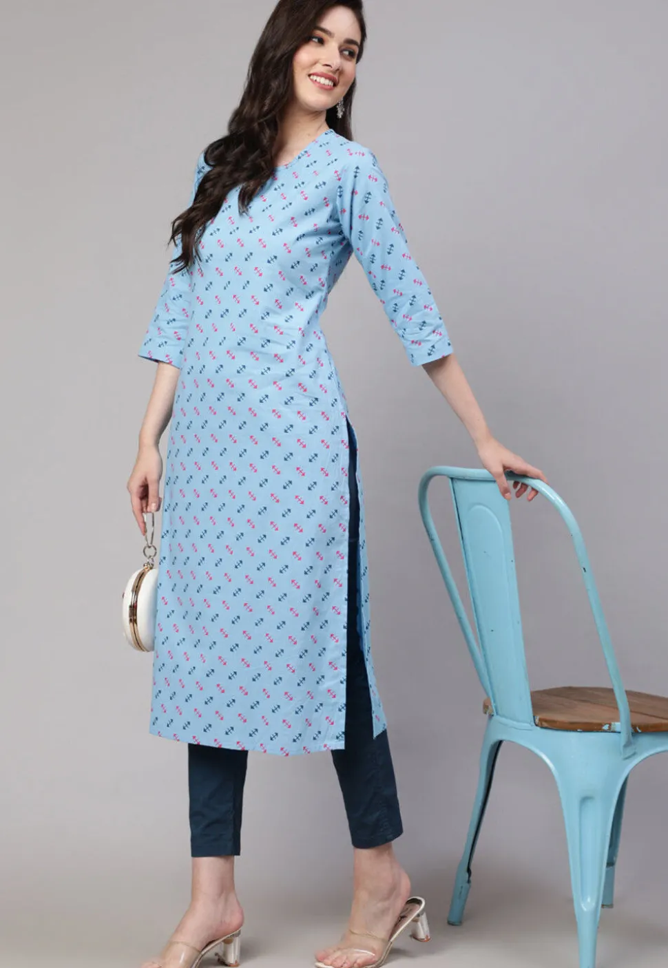 Printed Pure Cotton Straight Kurta in Light Blue