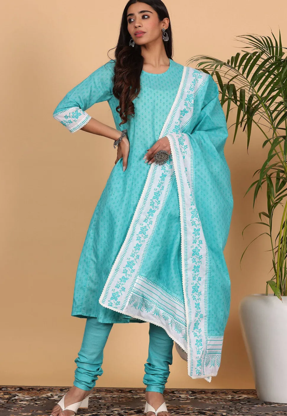 Printed Pure Cotton Straight Suit in Blue