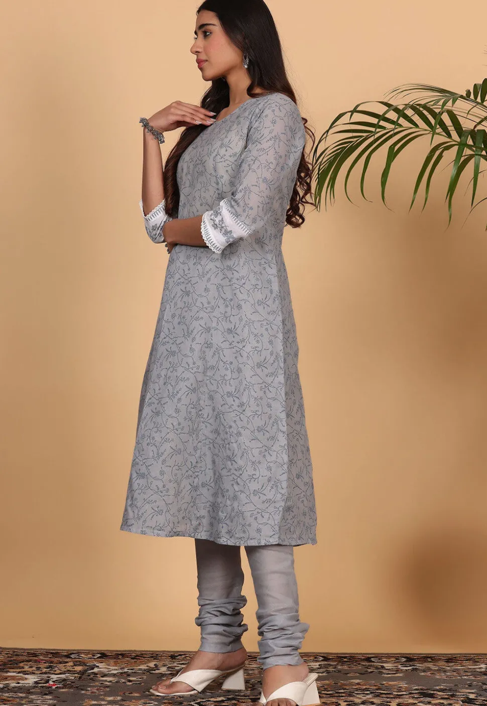 Printed Pure Cotton Straight Suit in Grey