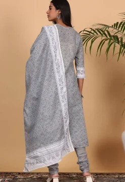 Printed Pure Cotton Straight Suit in Grey