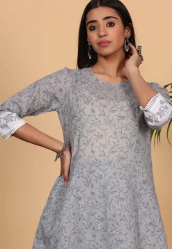 Printed Pure Cotton Straight Suit in Grey