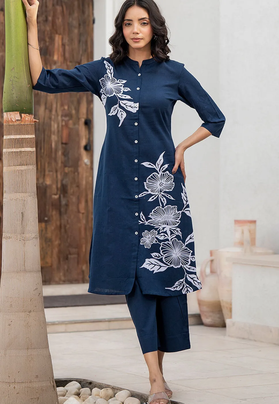 Printed Pure Cotton Straight Kurta Set in Navy Blue
