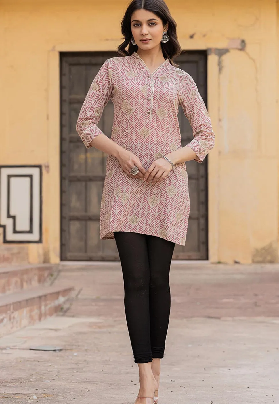 Printed Pure Cotton Straight Kurti in Pink