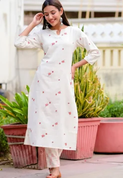 Printed Pure Cotton Straight Kurta Set in Off White