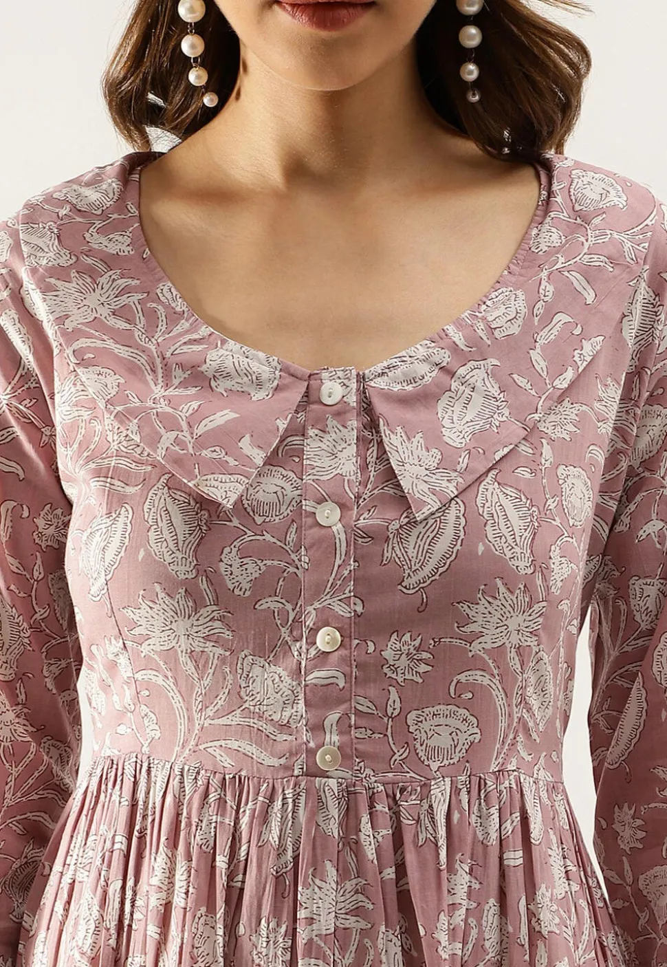 Printed Pure Cotton Tiered Midi Dress in Light Old Rose