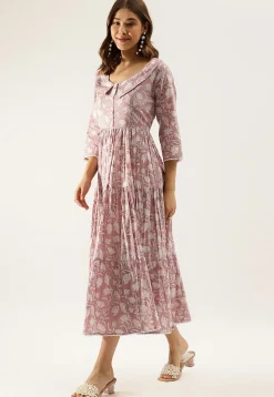 Printed Pure Cotton Tiered Midi Dress in Light Old Rose