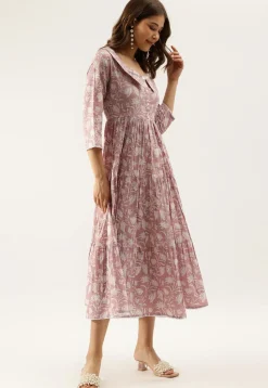 Printed Pure Cotton Tiered Midi Dress in Light Old Rose