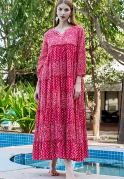 Printed Pure Cotton Tiered Dress in Fuchsia