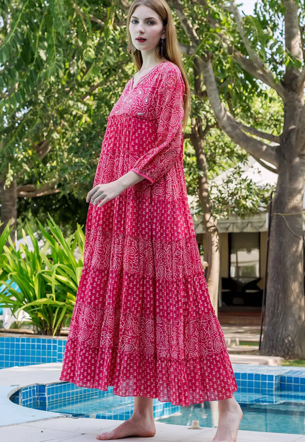 Printed Pure Cotton Tiered Dress in Fuchsia