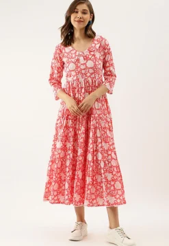 Printed Pure Cotton Tiered Midi Dress in Coral Pink