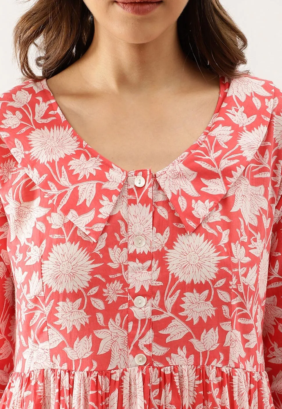 Printed Pure Cotton Tiered Midi Dress in Coral Pink