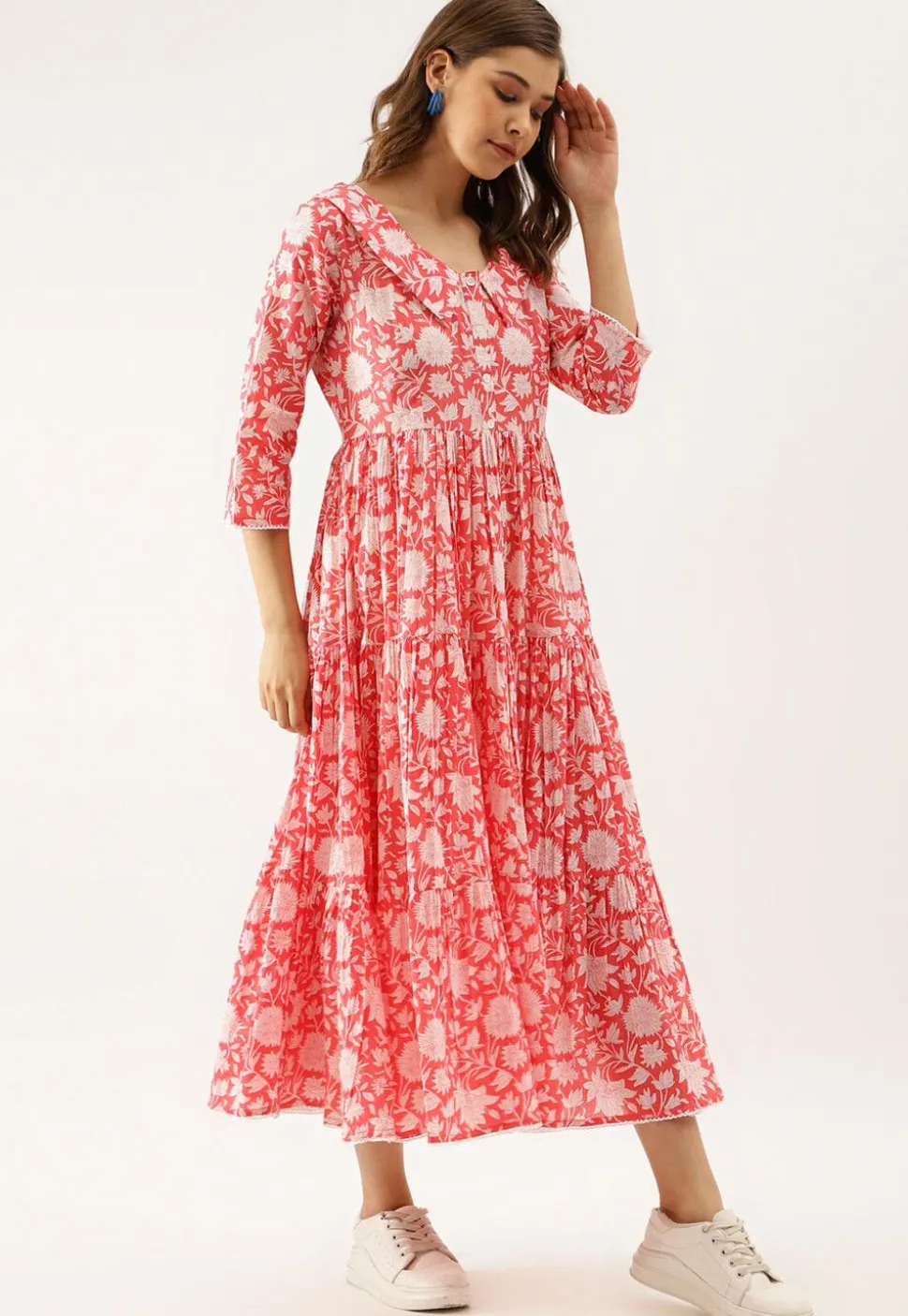 Printed Pure Cotton Tiered Midi Dress in Coral Pink