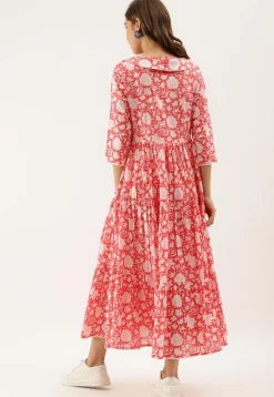Printed Pure Cotton Tiered Midi Dress in Coral Pink