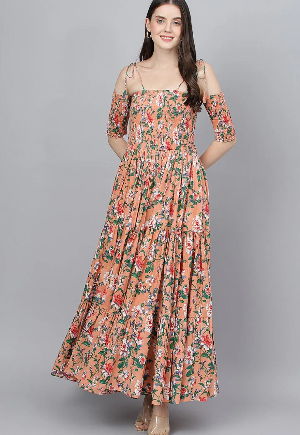 Printed Pure Cotton Tiered Maxi Dress in Peach