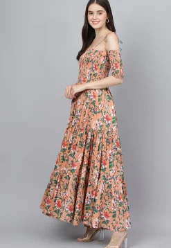 Printed Pure Cotton Tiered Maxi Dress in Peach