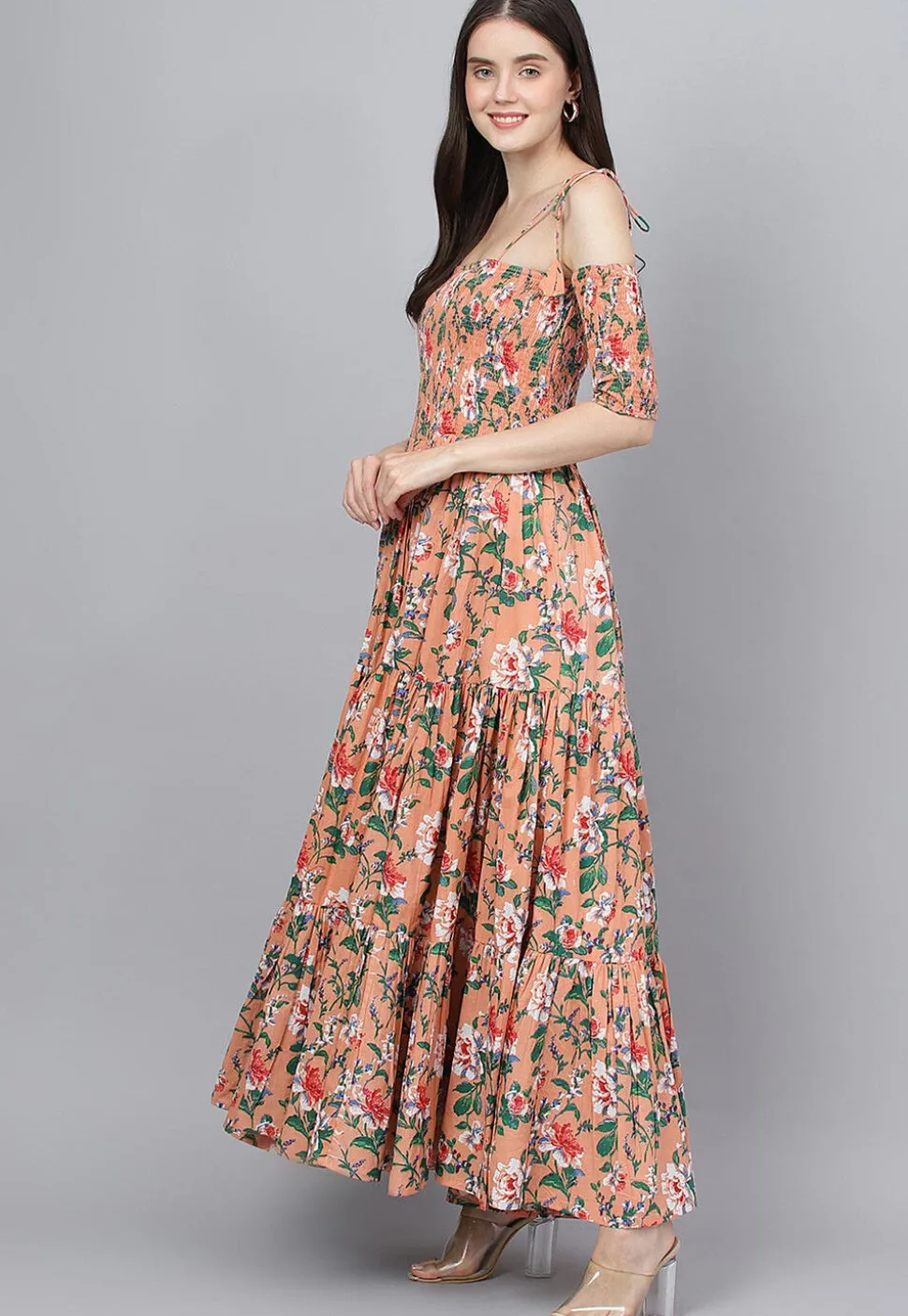 Printed Pure Cotton Tiered Maxi Dress in Peach