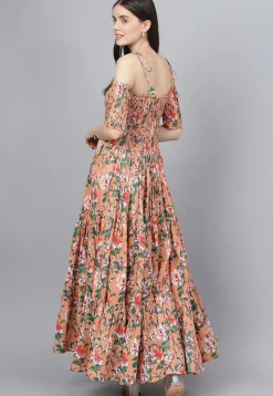 Printed Pure Cotton Tiered Maxi Dress in Peach