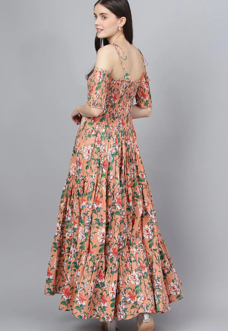 Printed Pure Cotton Tiered Maxi Dress in Peach