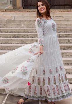 Printed Pure Cotton Tiered Abaya Style Suit in Off White
