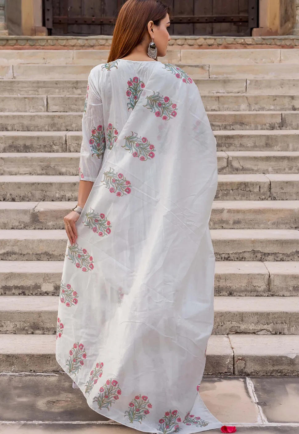 Printed Pure Cotton Tiered Abaya Style Suit in Off White