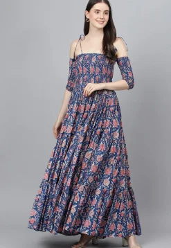 Printed Pure Cotton Tiered Maxi Dress in Navy Blue