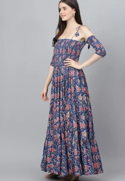 Printed Pure Cotton Tiered Maxi Dress in Navy Blue