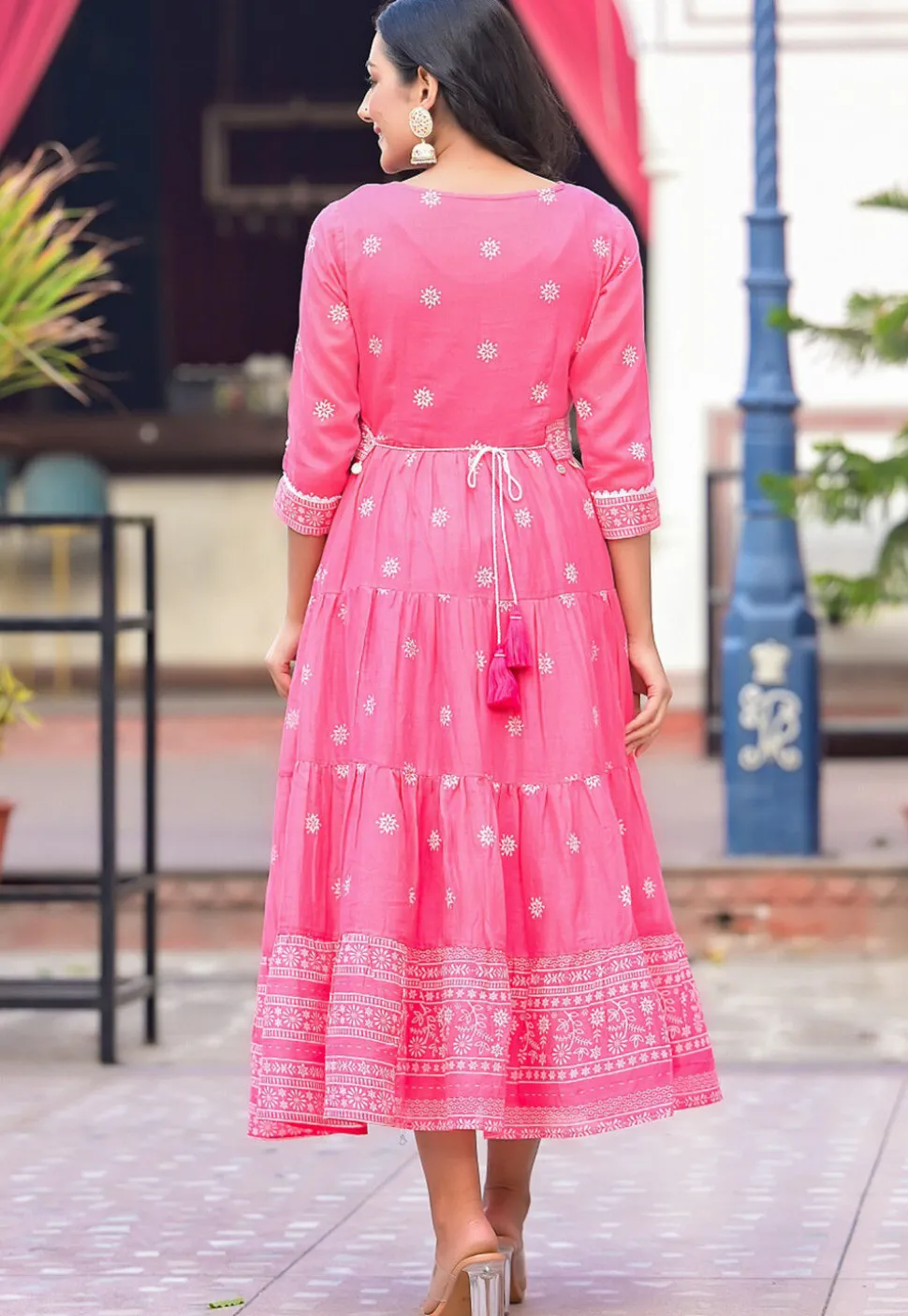 Printed Pure Cotton Tiered Dress in Pink