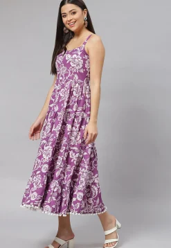 Printed Pure Cotton Tired Dress in Purple