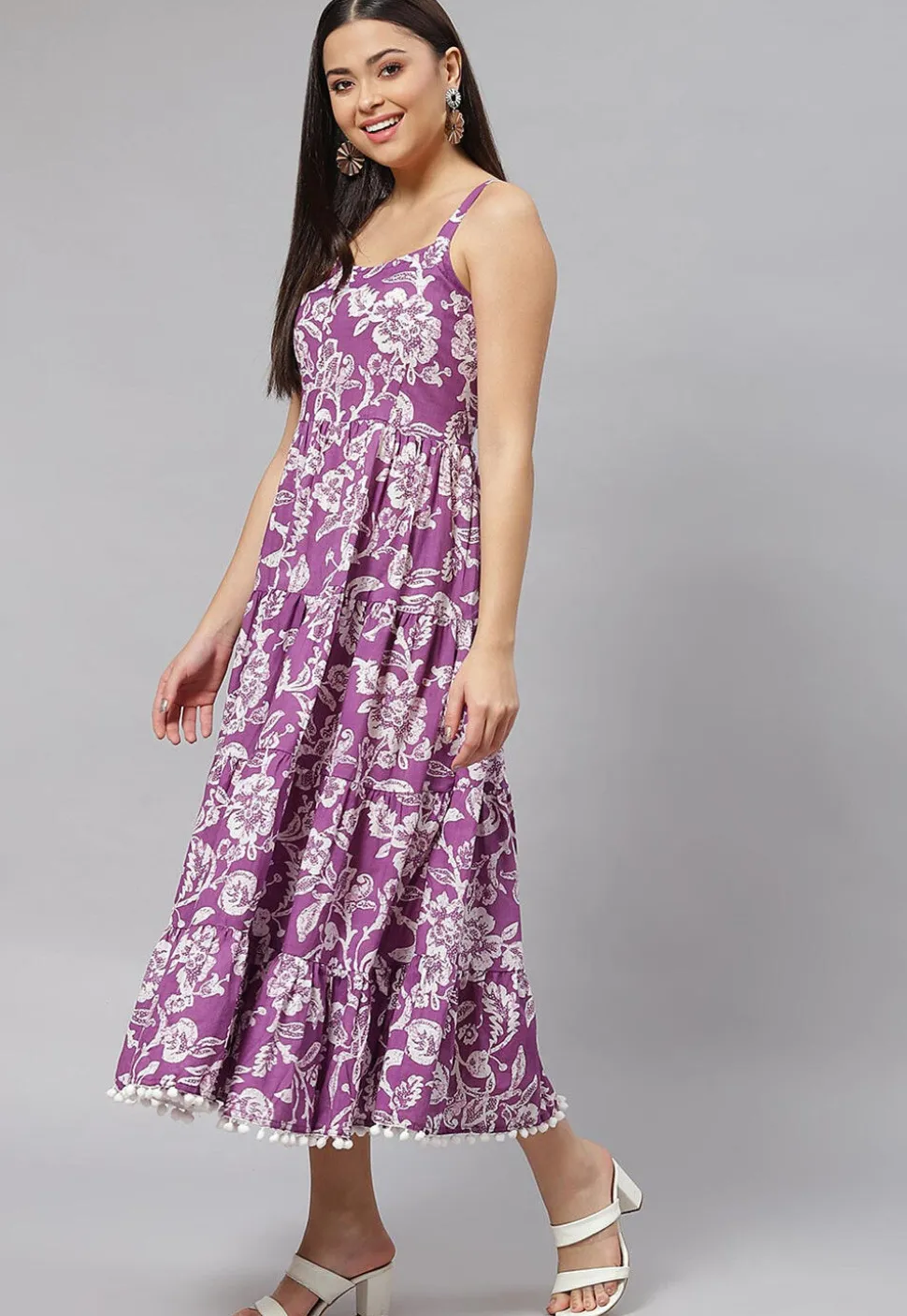 Printed Pure Cotton Tired Dress in Purple