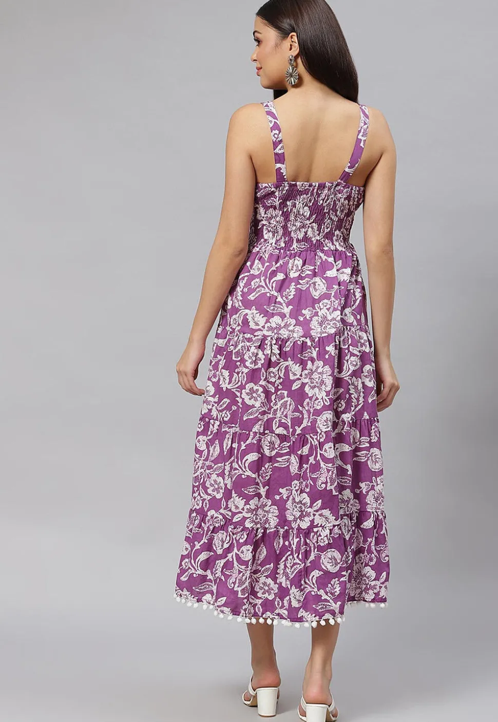 Printed Pure Cotton Tired Dress in Purple
