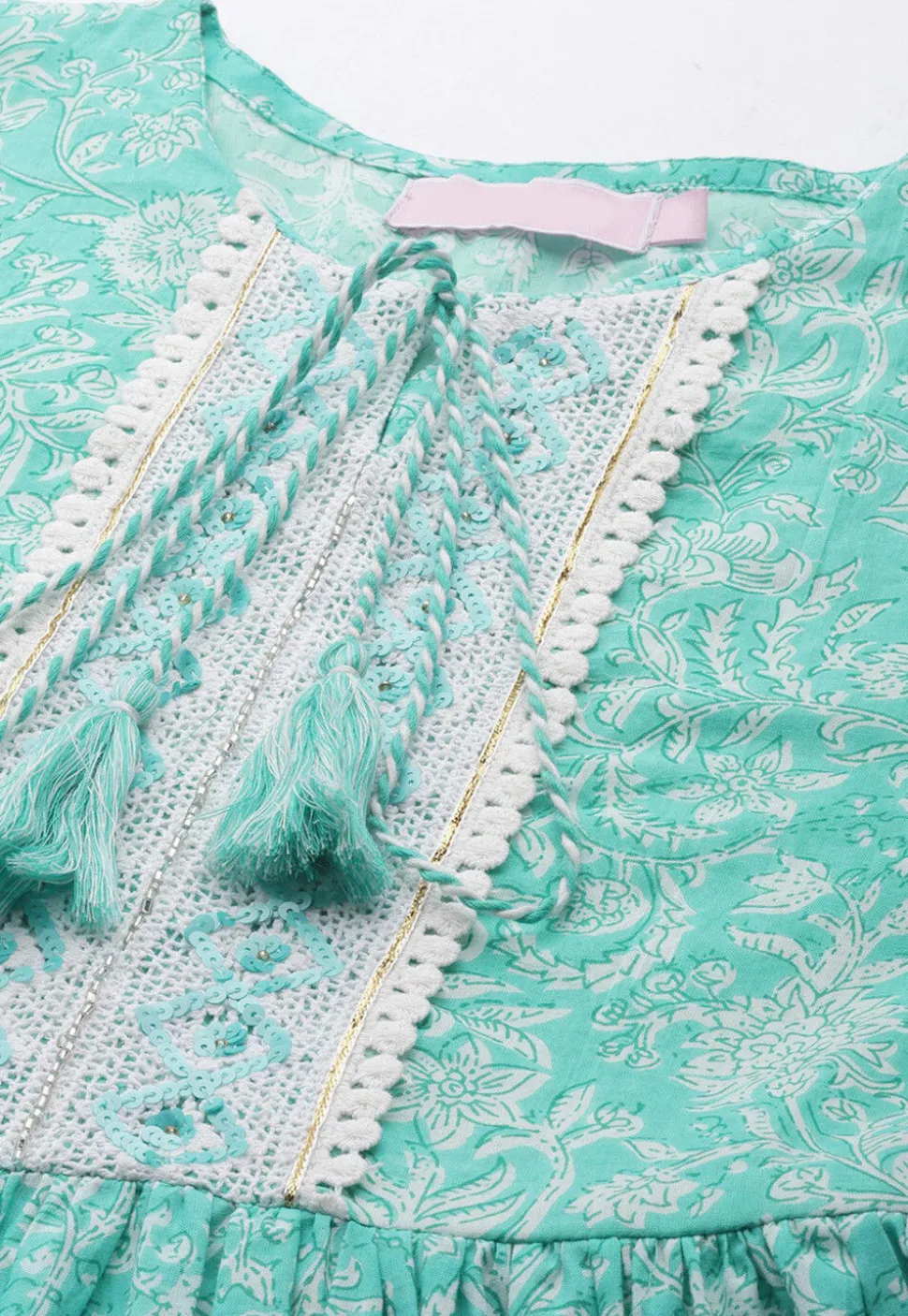 Printed Pure Cotton Tunic in Light Teal Green