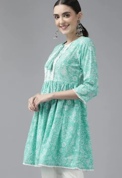Printed Pure Cotton Tunic in Light Teal Green