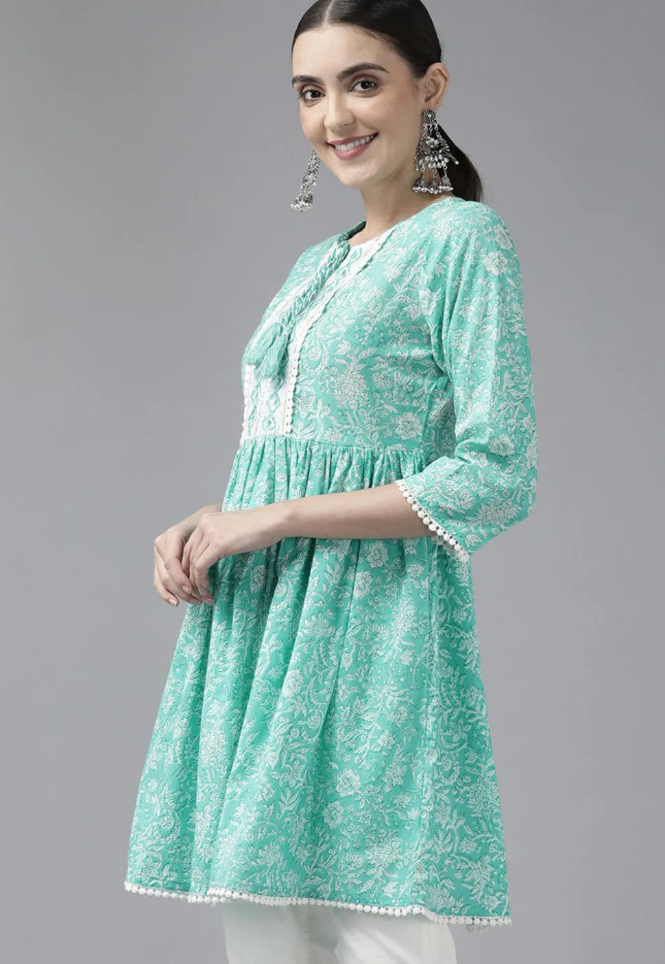 Printed Pure Cotton Tunic in Light Teal Green
